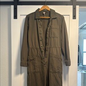 Free People - Olive Green Button-Up Jumpsuit